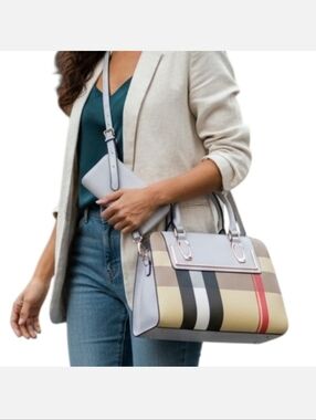 White Plaid Handbag and Wallet Set
